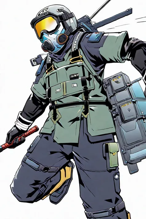 ninja that could appear in the cyberpunk ninja action novel "Ninja Slayer", (((((white background illustration))))), ((full-body illustration)), Wearing a mask similar to an oxygen mask for airline pilots, Equipped with a jetpack on the back, A baton-like ...