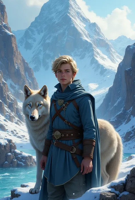 Blue colour eyes handsome boy standing ice mountain and wolf sitting in side and rivers 