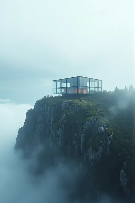 A slow but beautiful house and roof made my glass in top of the mountain and weather is foggy and rainy