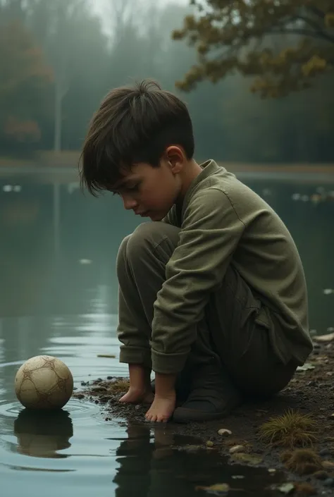 a Pictorial description for “the ball poem” by John 
Berryman. The boy should be looking devastated, sad and grief stricken cause he had lost his beloved possession in the pond and can not get it back but eventually understands that loss is inevitable 