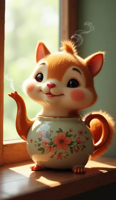 "Imagine a charming hybrid between a squirrel and a teapot, sitting cozily on a windowsill. Its round, ceramic-like body resembles a delicate teapot, complete with a glossy, warm-toned finish and intricate painted floral designs. The spout forms its tiny, ...