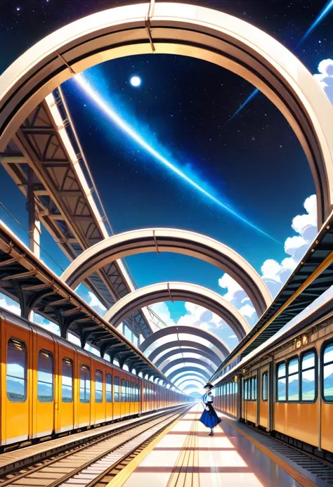 Masterpiece,Best quality, Japanese anime style,A station in space, a Galaxy Railroad station, greeted by a charming small android stationmaster, simple eyes, a beautiful galaxy,