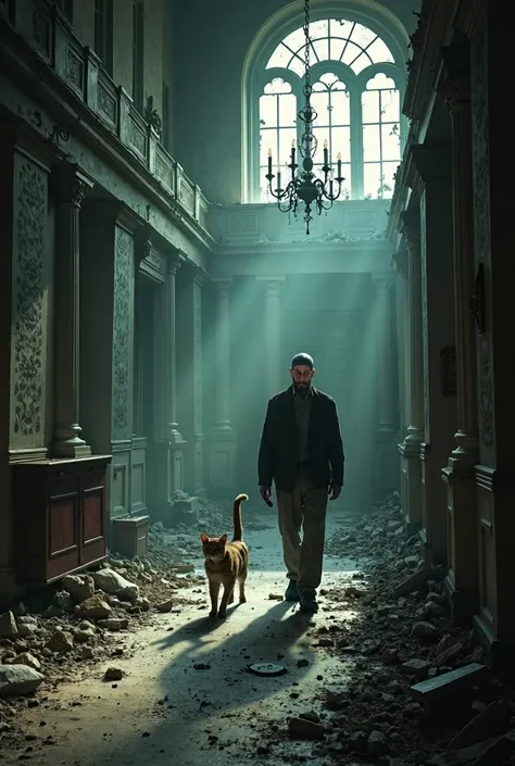 Bald man exploring a ruined mansion with his cat