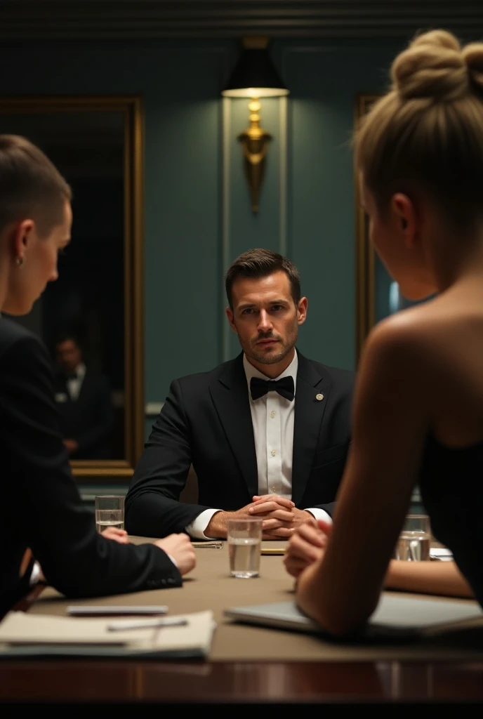 An image of a man talking at a table with two models who get along badly, one blonde and the other brown with short hair