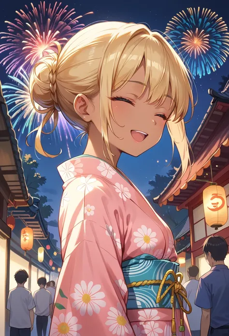 (masterpiece),(best quality),(ultra-detailed), (illustration), (an extremely delicate and beautiful) BREAK ,smile,open mouth,eyes closed BREAK 1 girl,solo, young girl,hair bun,pale yellow hair,light-green eyes,midium small breast,tan skin,yukata,BREAK (Jap...