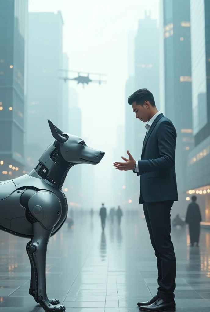  ultra high resolution  ,1 person looks at a robot dog, in the city of the future 