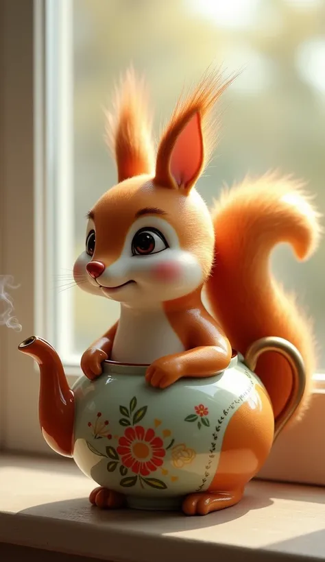 "Imagine a charming hybrid between a squirrel and a teapot, sitting cozily on a windowsill. Its round, ceramic-like body resembles a delicate teapot, complete with a glossy, warm-toned finish and intricate painted floral designs. The spout forms its tiny, ...