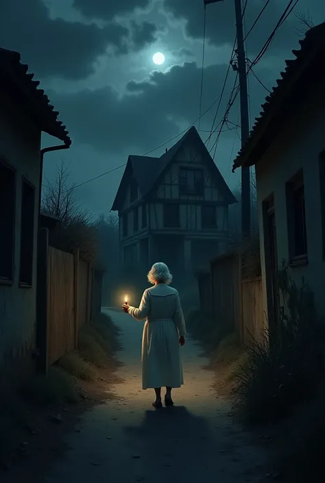 create a phone book cover page An old house around an alley A older women back side is walking down the alley in a white queue with a haricle in her hand hoping for help Dark clouds swirling ominously above a lone, decaying house at night. The scene is in ...