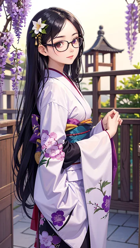 1 woman, Black Hair,Glasses,Japanese Kimono,Wisteria trellis, wisteria flower