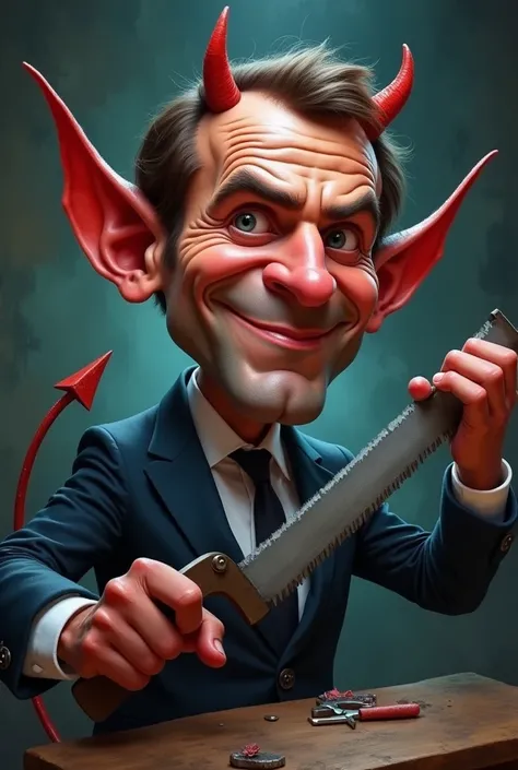 Caricature. 
Le diable scie ses cornes pour ressembler à Emmanuel Macron.