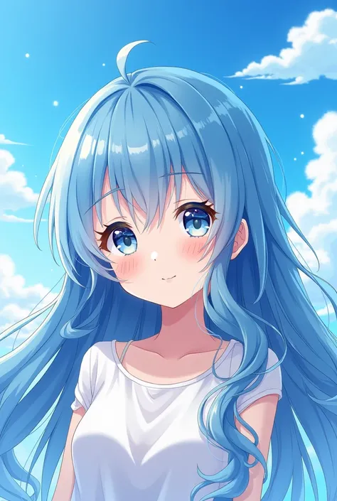 19 years old anime girl, blue long hair hair, half body, sky background, looking at camera, happy face