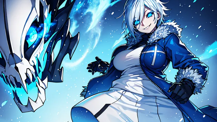 Sans Blue Jacket Black Shirt Fire Eyes Skull Smile Long Lashes White Short Hair Luminous Face Blue Dragon Skull Cannon One Person Standing In Snow Town Femininefull Super huge big breasts breast enlargement full-body shot ultra-detailed, HDR, vibrant color...