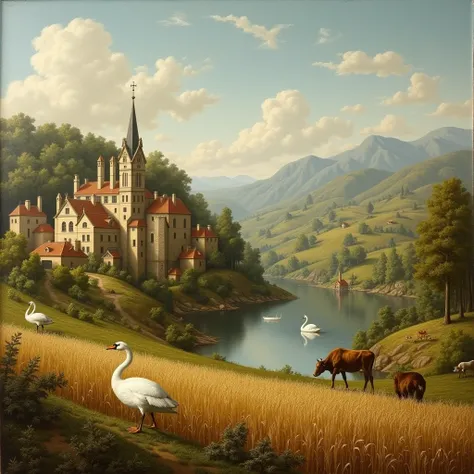 Early Renaissance-style natural image, of a beautiful village with a wheat field and a few swans and cows