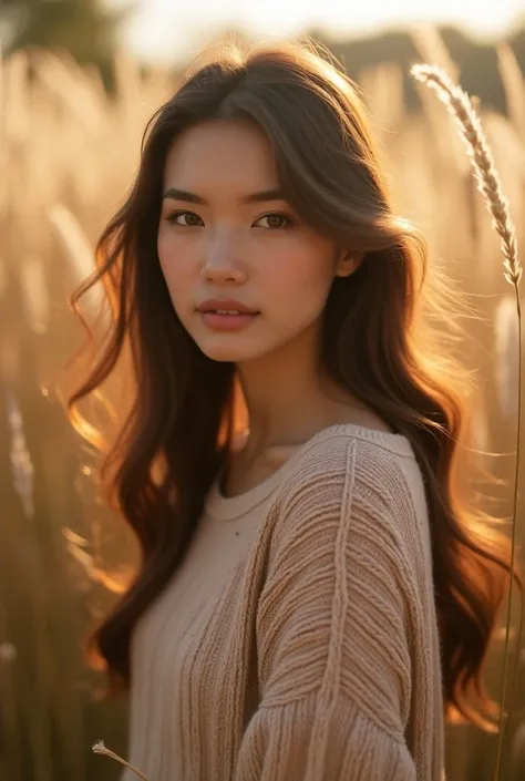 A young pakistan-korean woman in fair skin pink shinny  smile sweet lips stands outdoors, surrounded by tall, feathery grasses that sway gently in a soft, natural breeze. The setting appears to be during the golden hour, as warm, golden sunlight casts a so...