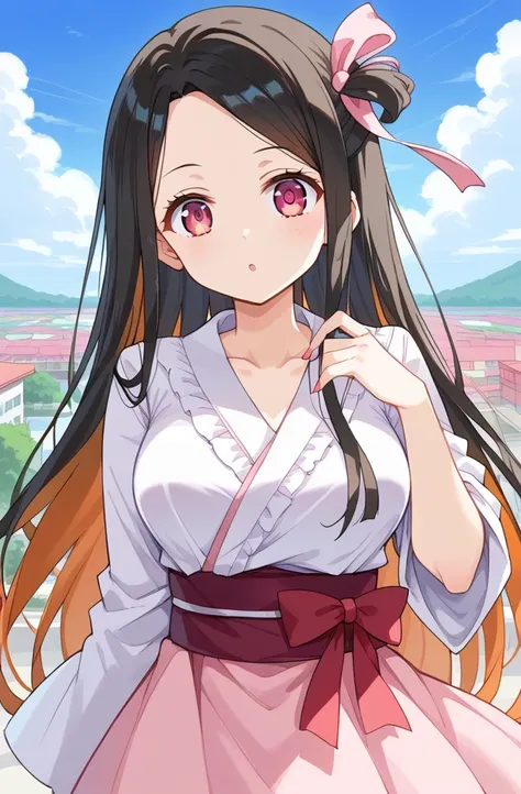 source_Cartoon, Morning Fragrance  ,    deep black hair with red ..很長Target髮, , 超長Target髮,  Pink Eyes, ribbon, Forehead ..ribbon, Kamado Nezuko,,  1 girl in , A brown , Ahead, 頭髮ribbon, common, long hair,  black and red hair  ,  Pink Eyes, ,  pink nails , ...