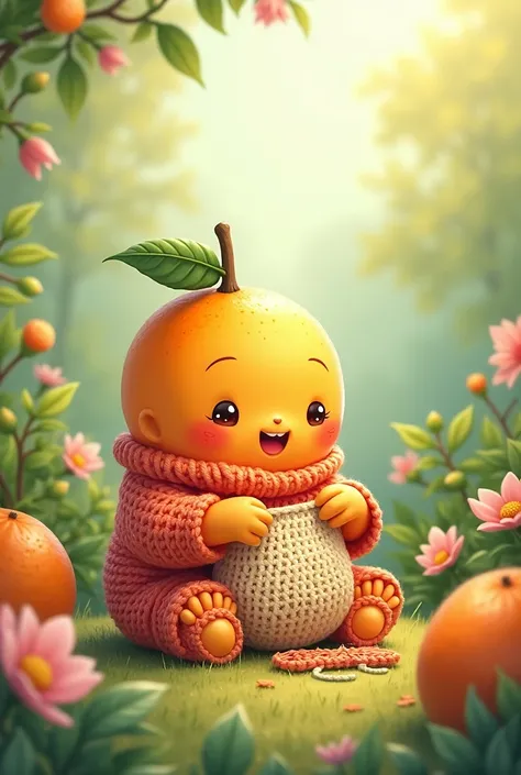 cute tangerine is crocheting in the garden pastel drawing