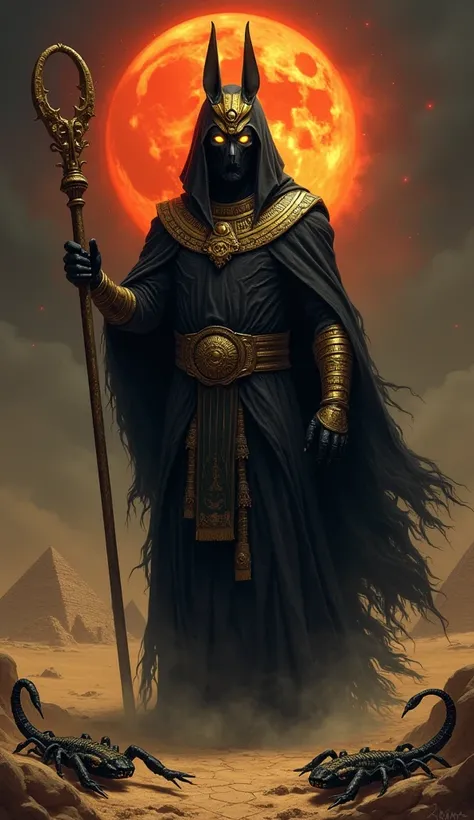  Imagine Egypt personified as the god Hades in a dark, deserted kingdom ,  where ancient pyramids and ruined temples stretch under an eternal sky of gloom. in the center,  Hades rises with Egyptian features ,  wrapped in a black cloak adorned with aged gol...