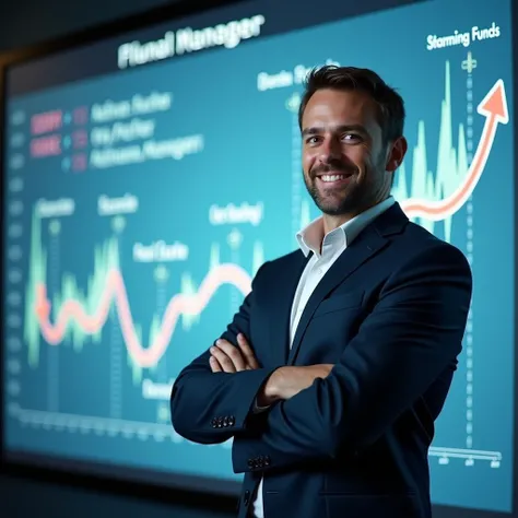 "Display a professional fund manager standing confidently in front of a digital screen showing graphs and charts. Behind them, a dynamic animation shows small streams of money merging into a larger pool labeled Mutual Funds, which then branches out into as...