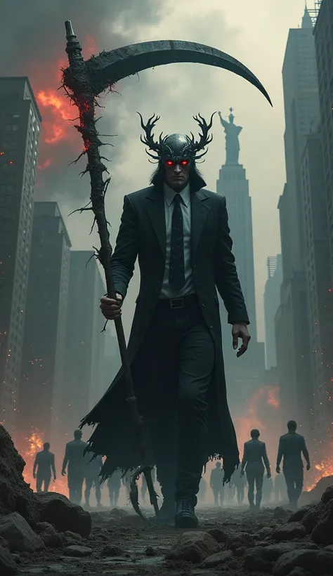  Visualize the United States as Hades , the god of the Underworld,  in a dystopian and obscure setting ,  where ruined skyscrapers blend with shadows and smoke .  Hades is a modern-looking figure ,  wearing a frayed black suit and tie gray ,  with American...