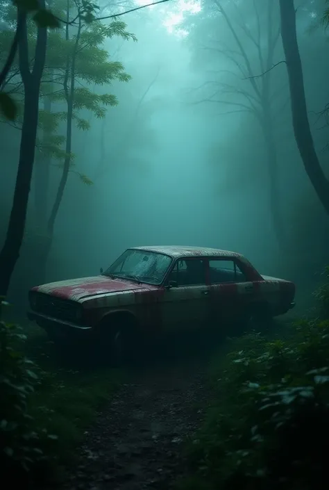 "A chilling view of a car abandoned in the middle of a misty Satara forest. Blood smears are visible on the car door, and the windshield is shattered, as if something tried to break in. The forest around is eerily silent, with dark shadows creeping closer ...