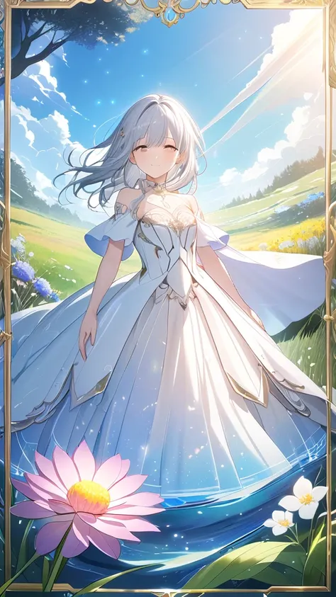 1 girl, ( cute face),  medium hair,  silver hair, fantasy dress armor, Delicate decoration,  Tiny Breasts Dreamy Expressions ,  longsword ,  cowboy shots, Calm smile,  break, Spreading grassland, ( under the blue sky:1.4),  the shining sun ,  Colorful Flow...