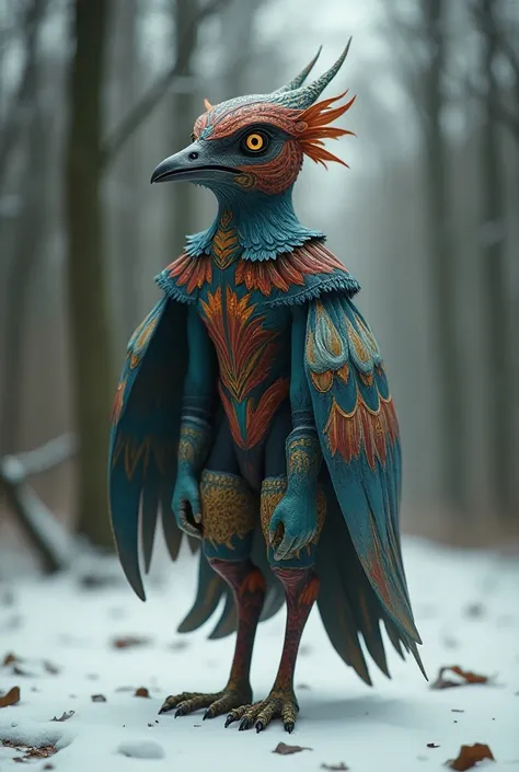 A mythical cuckoo man with a human body and a cuckoos head, the cuckoos head is made in Indian style. He has wings. He stands hunched over in the winter forest