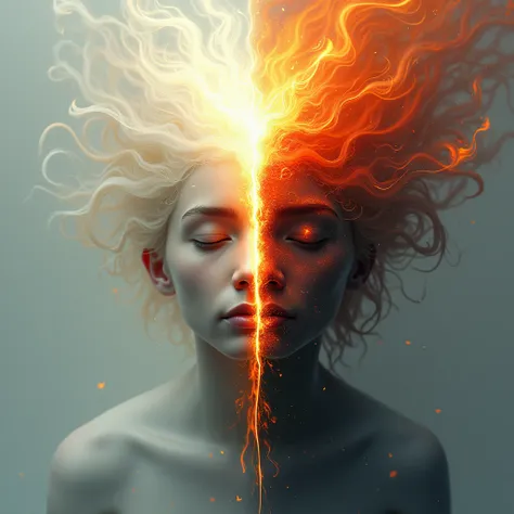 An abstract representation of a soul split in two—one side bright and pure, the other engulfed in flames of anger and bitterness."