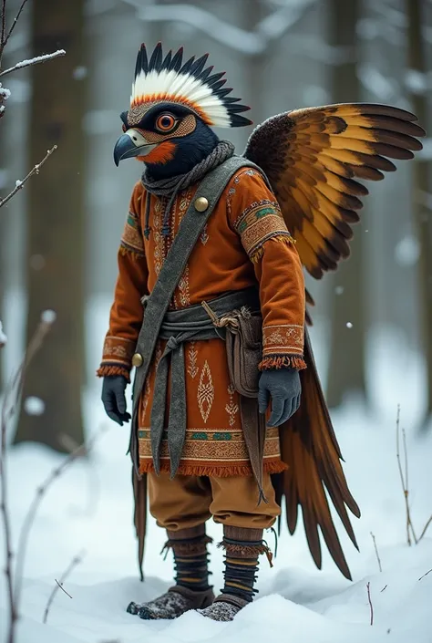 A mythical cuckoo man with a human body and a cuckoos head, the cuckoos head is made in Indian style. He himself is dressed in Indian clothes. He has wings. He stands hunched over in the winter forest