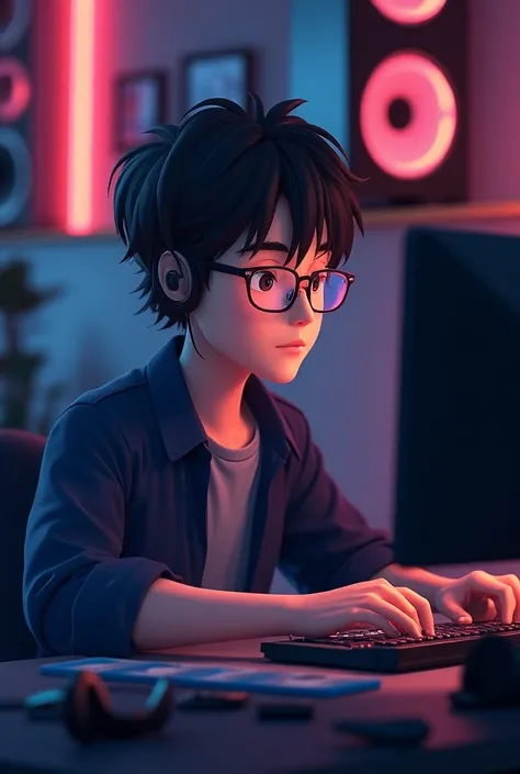 a 20 year old man,  centered in front of the computer , with glasses, with earpiece in your ears ,  with a USB flash drive in your hand ,  with a musical environment with sound speakers around, 3d anime style