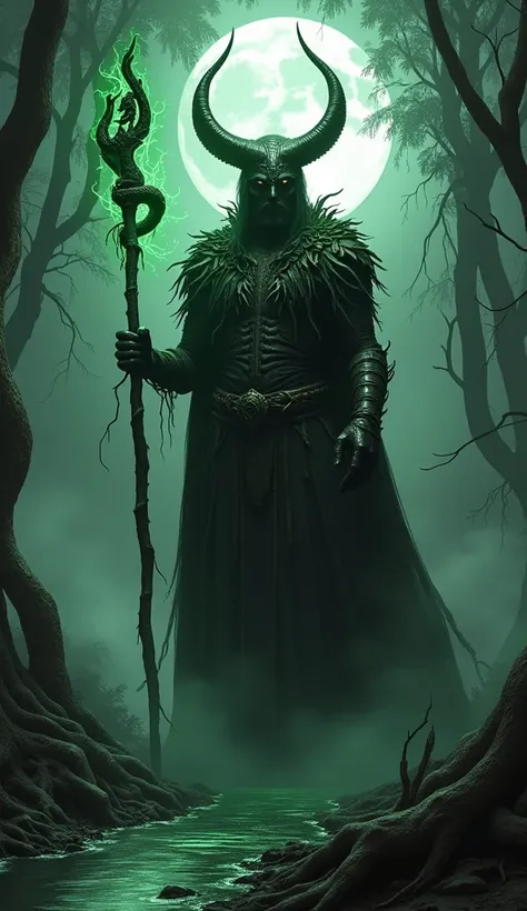  Visualize Brazil represented as Hades , the god of the Underworld,  in a dark and desolate rainforest ,  where exuberance gives way to mystery and terror . in the center,  an imposing figure with Brazilian features ,  wearing dark wood armor mixed with ru...