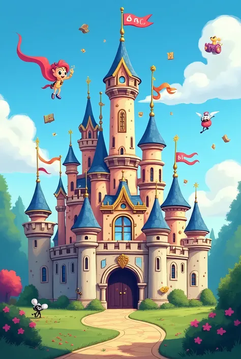 Create an ABC magic-themed cartoon featuring a Disney-style castle 