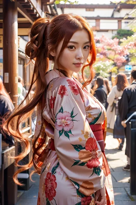 Photorealistic, perfect, realistic, high resolution, real photo, photorealistic and beautiful, Asian girl, Real girl with long red hair and a kimono in a kimono, in a kimono, in kimono, beautiful real girl, real girl with long hair, cute real in a nice dre...