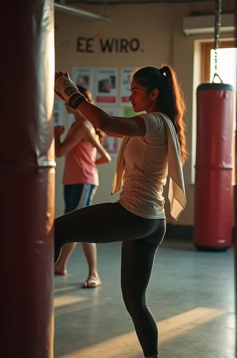 9:16 size, 4k, realistic,The Indian woman, now an expert in self-defense, is training with unwavering focus and determination. Dressed in her culturally appropriate gym attire—a T-shirt, leggings, and a light dupatta loosely draped over her shoulder—she em...