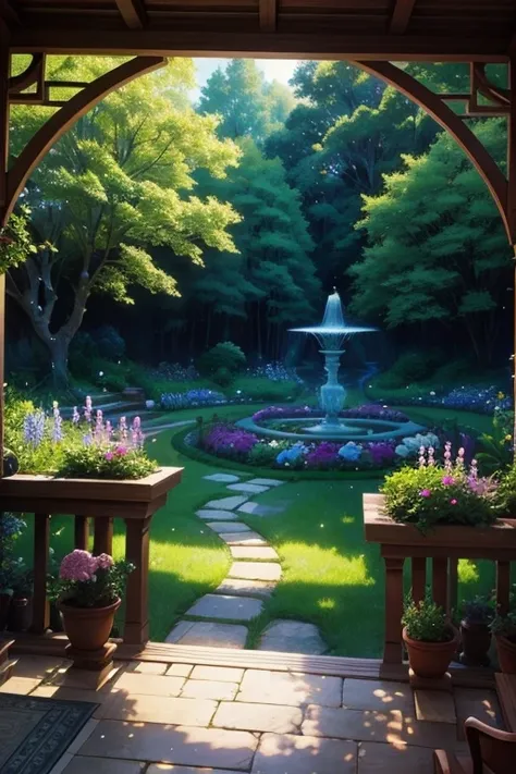 Best Quality、Lush garden、 mystical atmosphere、 beautiful view