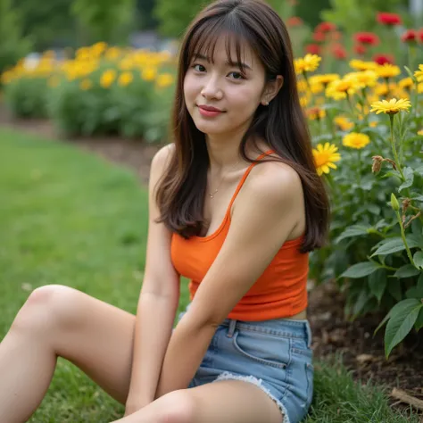 A highly detailed, photorealistic image of a young woman, around 20, with a calm expression, Sitting in a garden, with grass and many kinds of flowers, gazing directly at the camera. She is wearing an orange tank top, denim shorts, dark brown long hair cas...