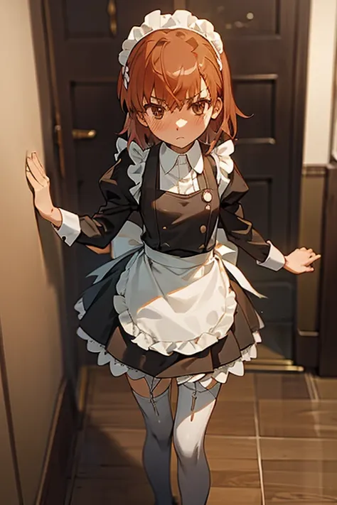 Mikoto misaka.、A Certain Scientific Railgun、girl、Small breasts、whole body,blush,best quality,maid, maid apron, maid headdress,tights, garter straps,long sleeves,indoors,