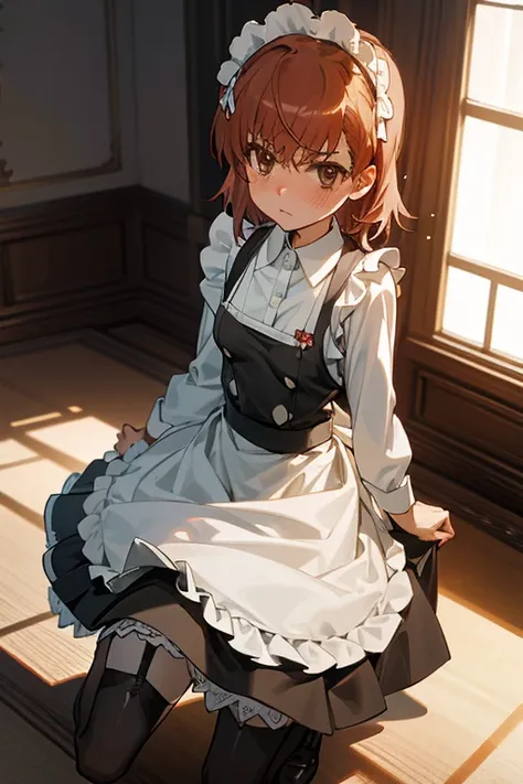 Mikoto misaka.、A Certain Scientific Railgun、girl、Small breasts、whole body,blush,best quality,maid, maid apron, maid headdress,tights, garter straps,long sleeves,indoors,