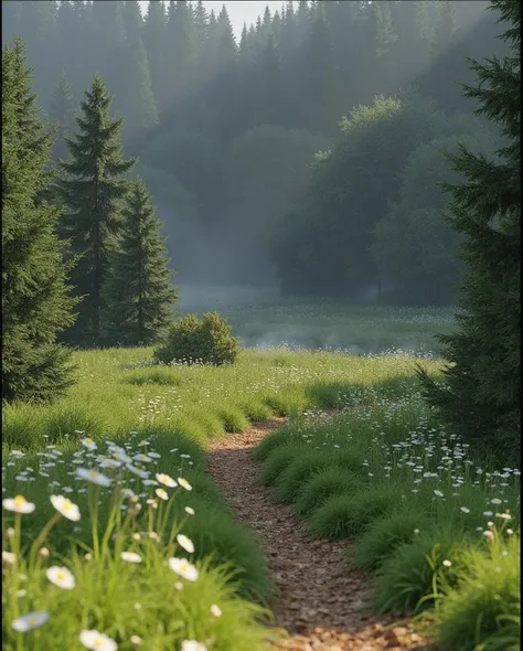 Nature landscape in the afternoon on the edge of a foggy forest