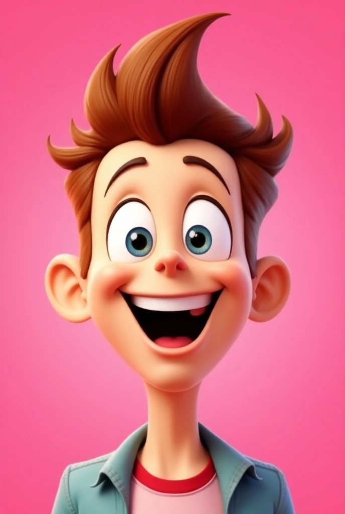 Make a portrait Jimmy Neutron showing happy emotion on a pink background. High quality 