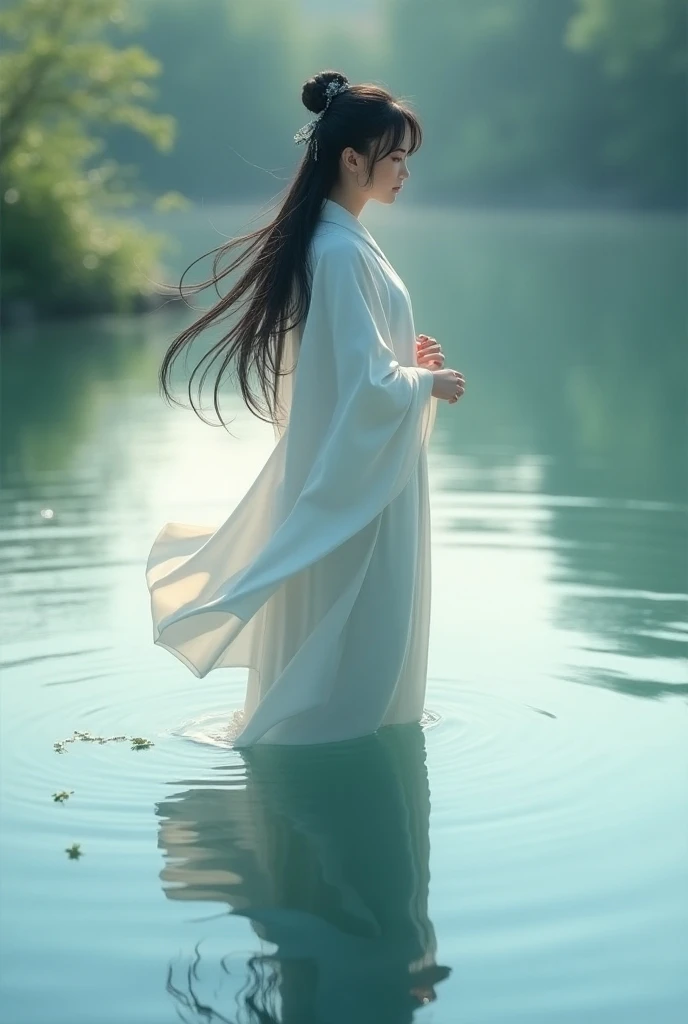 The lady with black long hair wearing white kimono with water reflect around her