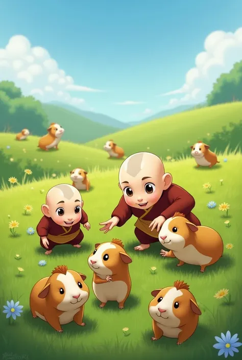 Create the image of many ren playing with guinea pigs on a green field