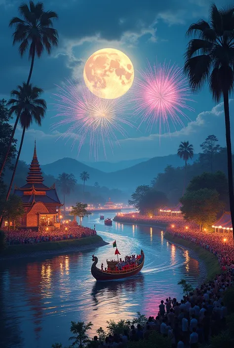 Cambodian Boat Racing Festival with moon, fireworks, beautiful nature