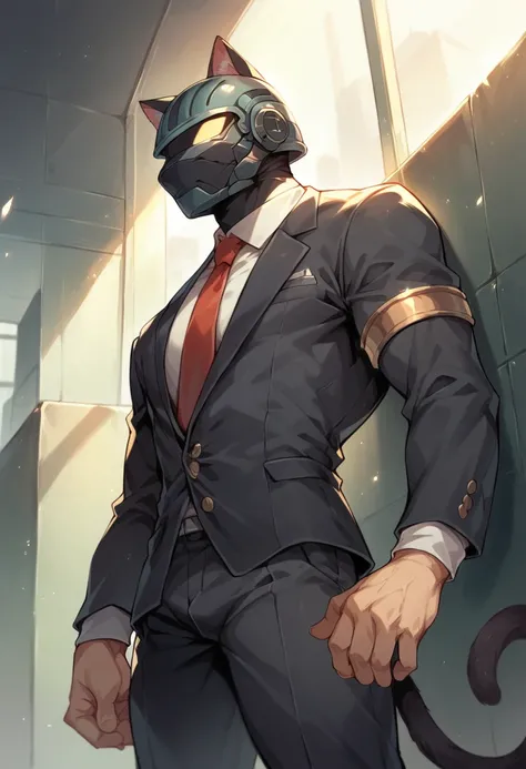 1male,(Muscular),cat tail,cat ears,cowboy shot,future mask,no face,future helmet,particles,wide angle lens,standing,armlet,In the cafe,lying to wall,thick legs,suit and tie