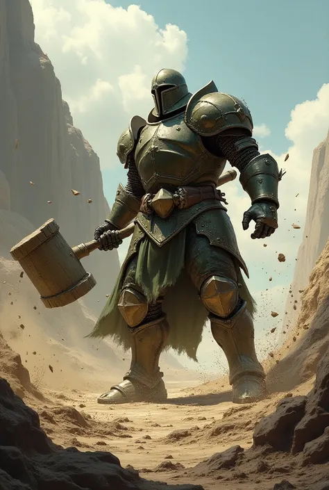 Brown knight with little bit of green perks with a big earth powered hammer smashing it into a ground creating an earthquake 