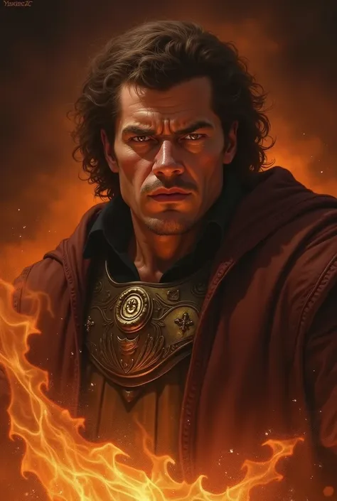  painting of f the famous wrestler Andrè the giant dressed a mage of dnd mage with a fire in his hand, by Darek Zabrocki, epic portrait of menacing, by Pedro Pedraja, by Ryan Barger, portrait of bedouin d&d, gangrel, portrait of hades, by Roman Bezpalkiv, ...