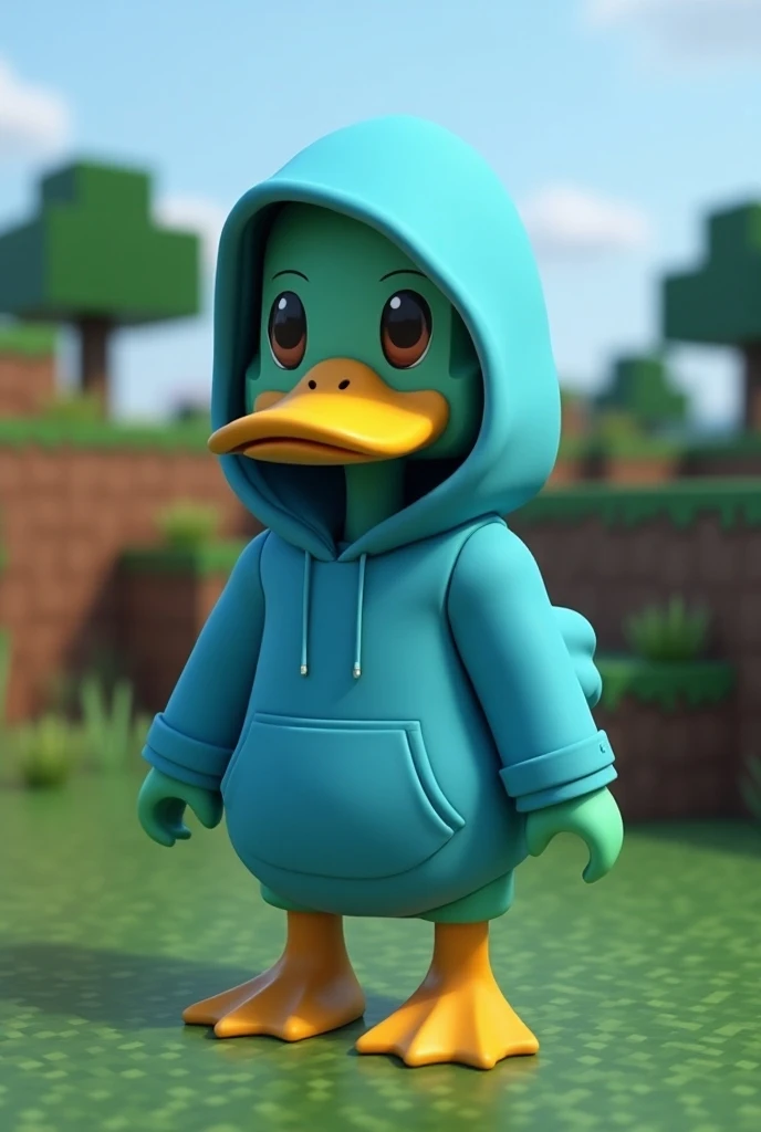 Human chick character with duck body wearing blue hodie Minecraft background 