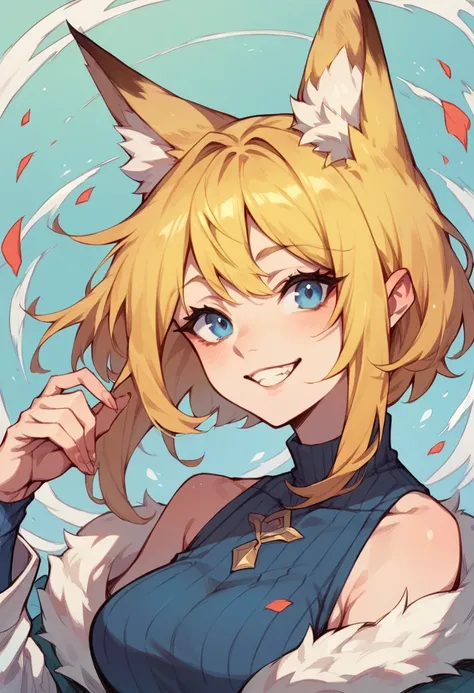 short_girl, yellow hair, blue eye, smile, fox ears 