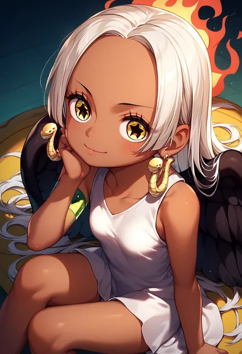 UHD, retina, textured skin, high details, high quality, best quality,  highres icon, 1080P, HD, 16k、1 Girl,Earthsnake , Long Hair, white hair, Brown Skin、,  earrings for a woman alone, Yellow Eyes, symbol-shaped pupils,  black wings  ,  small breasts.  sun...