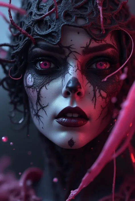 close up of a face, breathtaking of a beautiful female corrupted chaos (slaanesh daemonette:1.2), (close up:1.2),dark allure, ,pink and purple themes, highly detailed dreamy background, detailed skin texture, subsurface scattering award-winning, profession...