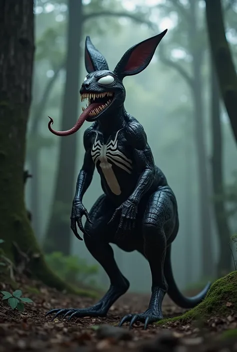 " A creature hybrid of Venom and a kangaroo is found in a dark and dense forest .  The creature combines the powerful musculature and upright posture of a kangaroo with the alien features of Venom: Shiny black skin,  white veins that stand out on its body ...